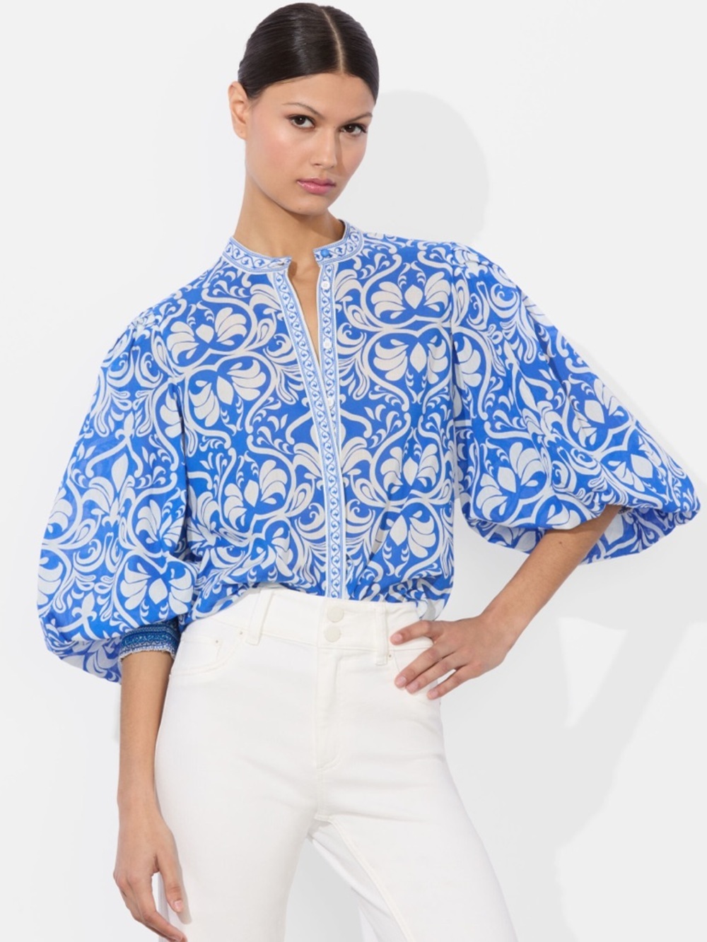NWT Alice + Olivia April Cotton Puff Button Down Up Top Soirée True Blue White - Picture 2 of 11